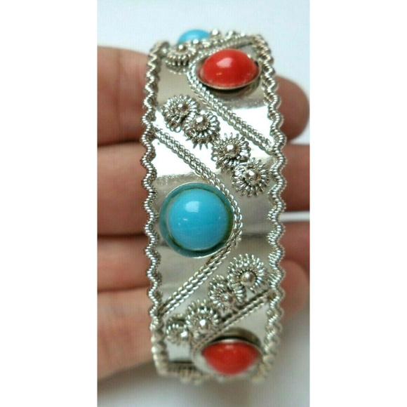Vintage Jewelry - silver coral turquoise tone bangle bracelet